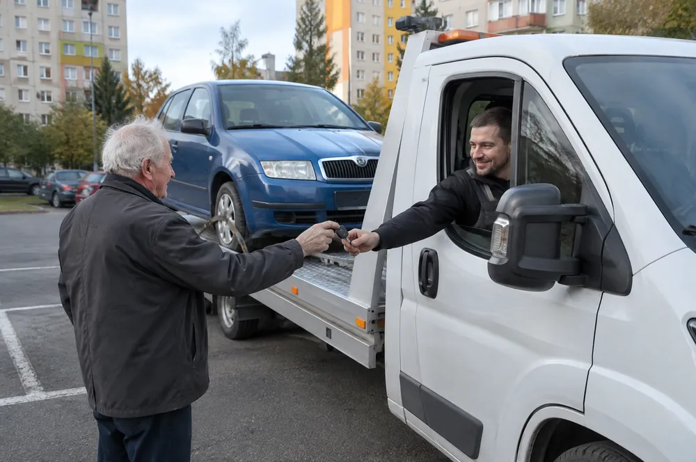 Starší pán předává řidiči odtahovky jen klíček, modrá Škoda Fabia už stojí na plošině