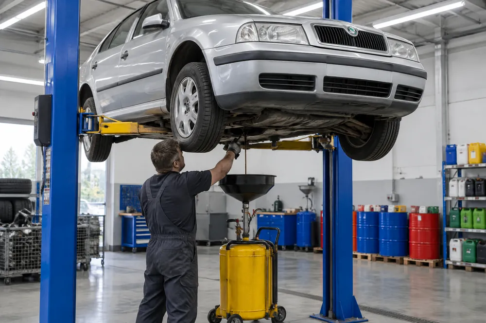 Technik vypouští motorový olej z vany motoru Škody Octavie na zvedáku do sběrné nádoby